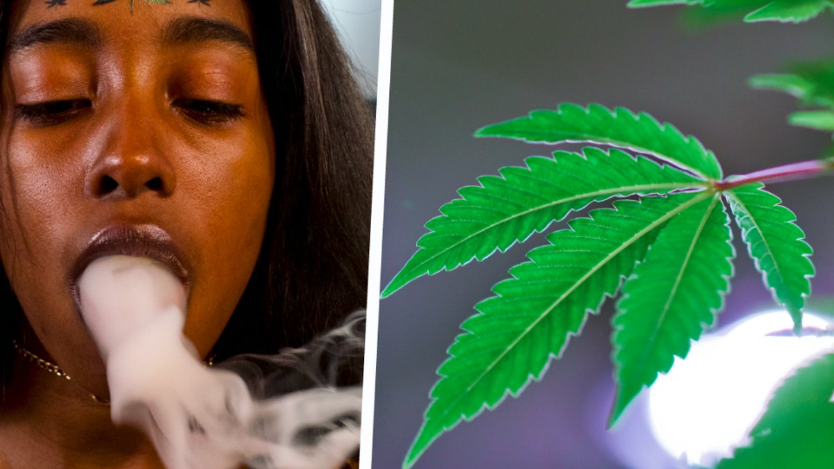 Kvinna röker cannabis, ett cannabisblad. Kollage