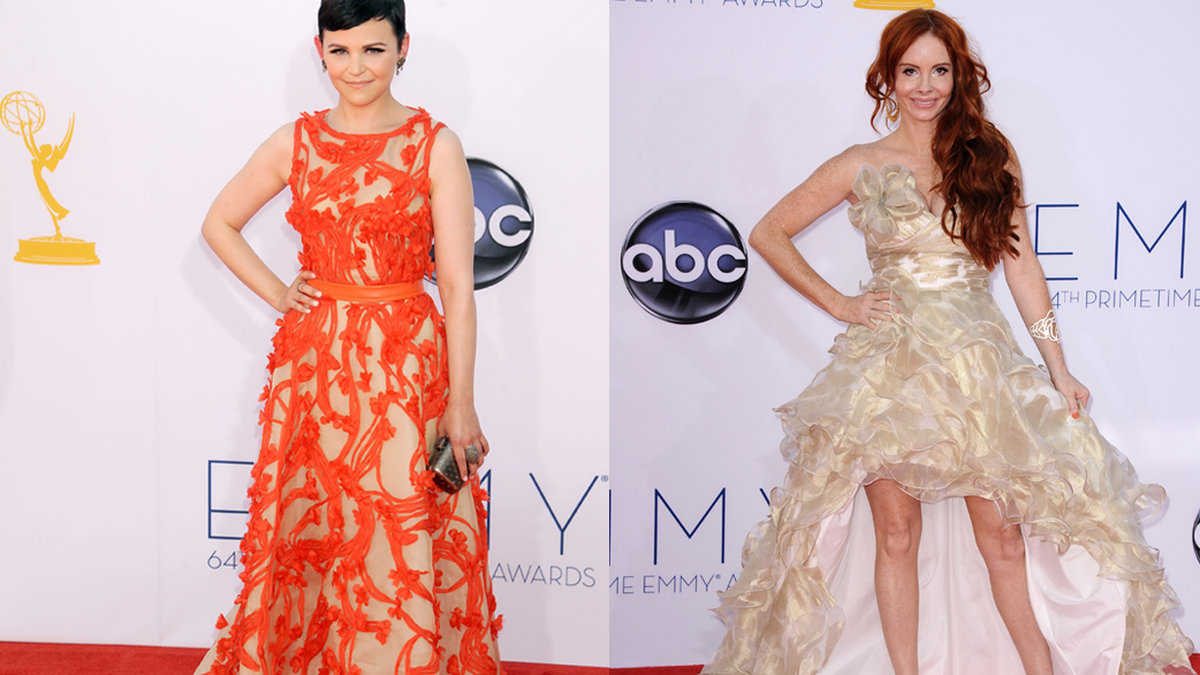 Till vänster: Att dyka upp i en klänning som mest ser ut att vara tillverkad av brosk eller muskler är inte helt snyggt. Till höger: Phoebe Price i marängsvissklänning.
