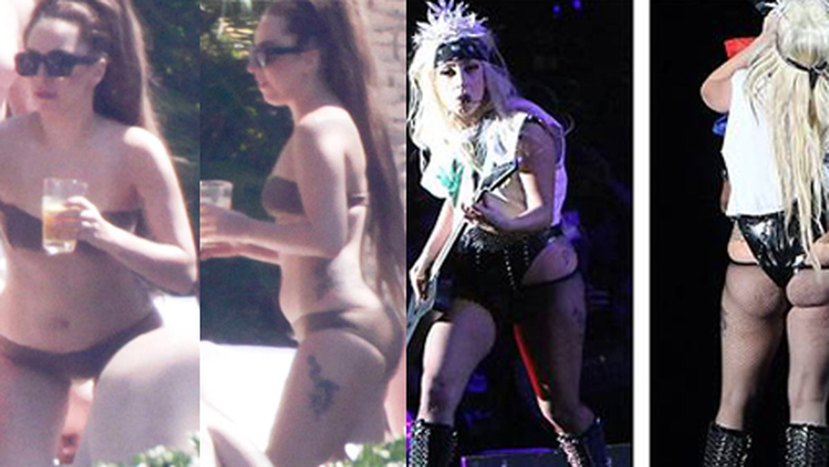 Till vänster: Lady Gaga i bikini tidigare i veckan. Till höger: När Lady Gaga uppträdde i Amsterdam i höstas så hånades hon för sin viktuppgång.