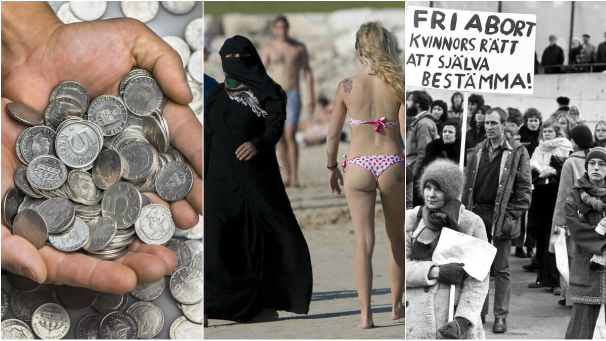 Pengar/Kvinna i burka/Kvinna i bikini/Demonstration för fri abort