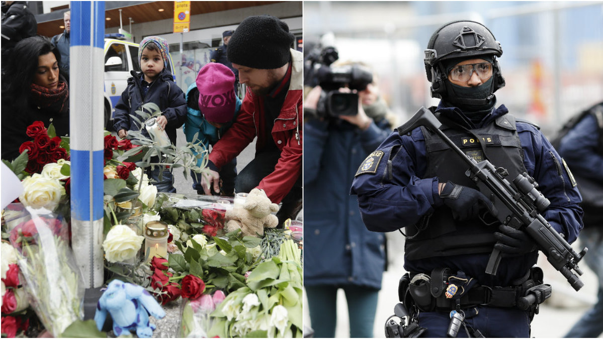 Blommor på Sergels torg i Stockholm samt en svensk polis.