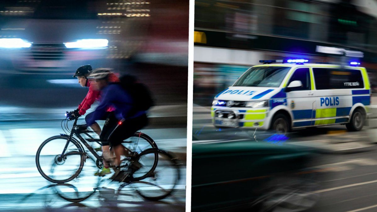 En cyklist och en polisbil.