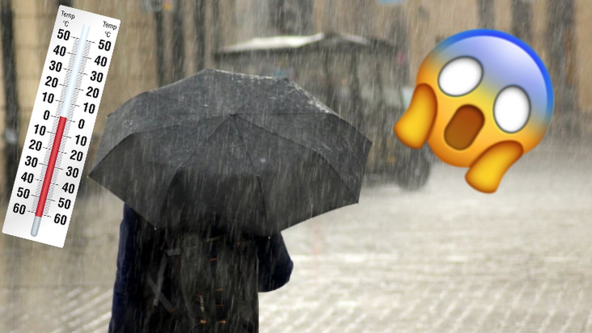 En person går med paraply i regn. Termometer. och rädd emoji