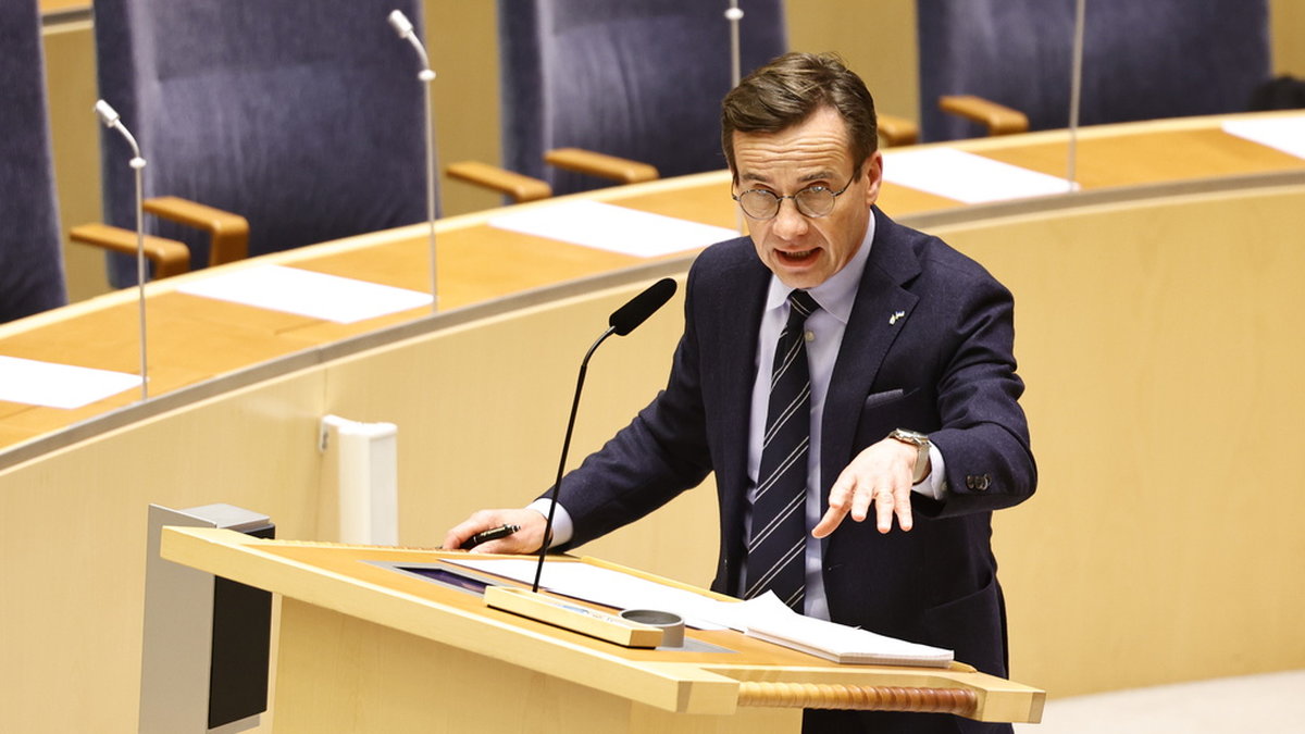 Statsminister Ulf Kristersson (M) under den EU-politisk partiledardebatten i onsdags. Arkivbild.