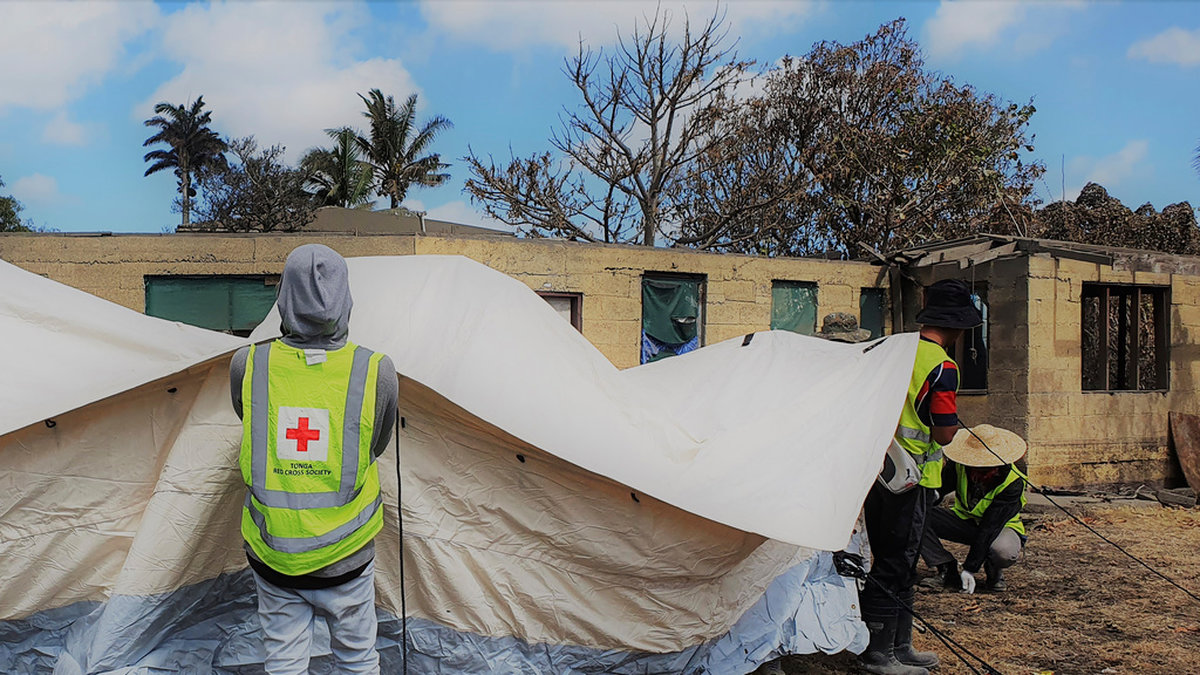 Personal från tonganska Röda Korset bygger ett tillfälligt skydd för personer som drabbats av katastrofen.