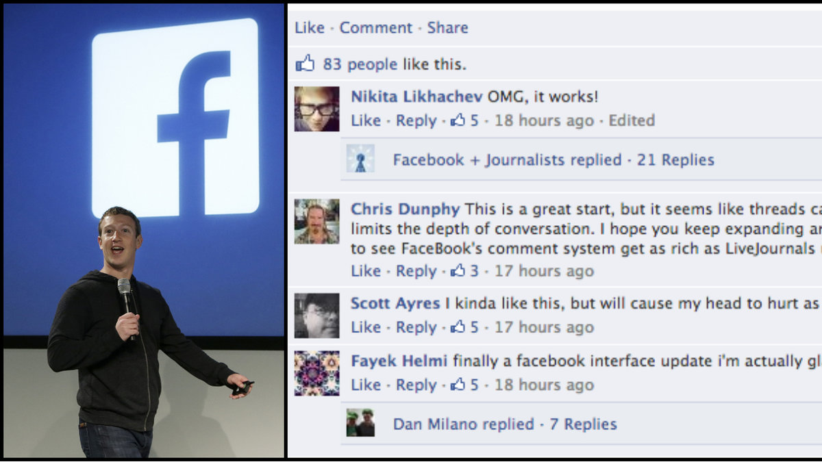 Så blir de nya kommentarsfälten. Till vänster: Facebooks grundare Mark Zuckerberg.