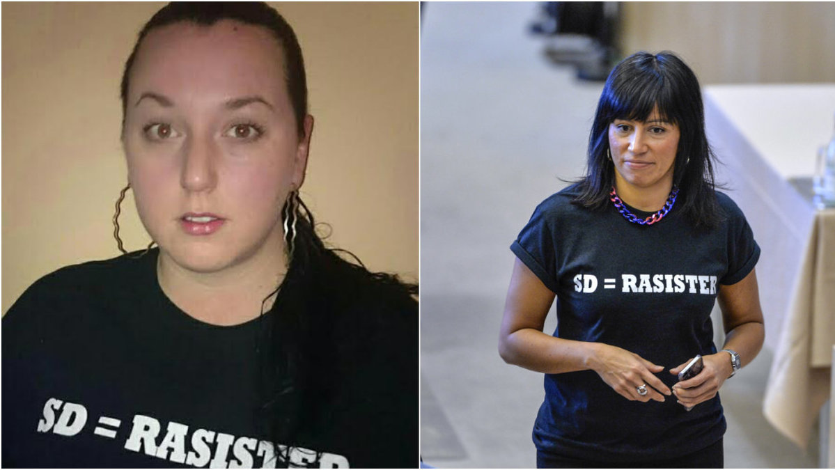 Rossana Dinamarca (till vänster) hade på sig SD=rasister-tröja i Riksdagen. Kommunfullmäktigeledamot Petra Lindroos Jonasson ville inte vara sämre. 
