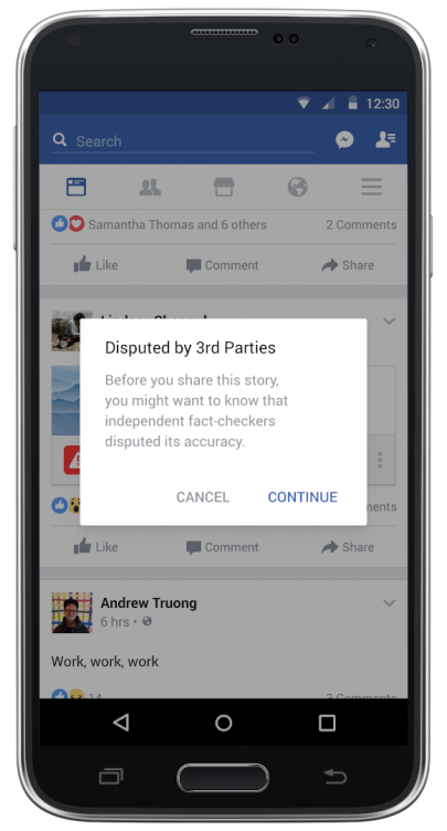 Det kommer fortfarande att gå att dela falska nyheter på Facebook, men då kommer det att dyka upp en varning om att "nyheten" är markerad som "tveksam" i samband med delning.