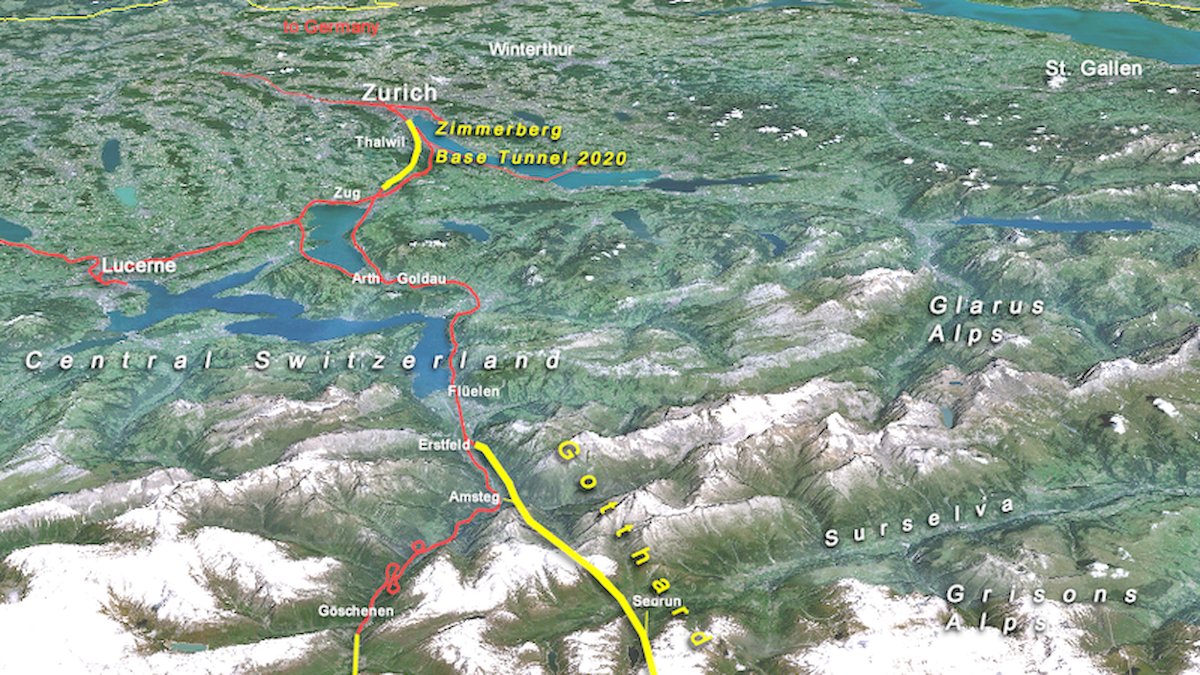 Den östliga delen av Alptransit-projektet.
Gula linjen överst: Zimmerberg-bastunneln
Gula linjen till vänster: Den gamla Gotthardtunneln från 1881
Den tjocka gula linjen: Gotthard-bastunneln (under konstruktion)
De röda linjerna visar de existerande huvudspåren.