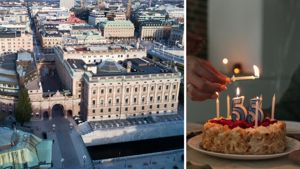 Riksdagshuset och en genrebild på en födelsedagstårta.