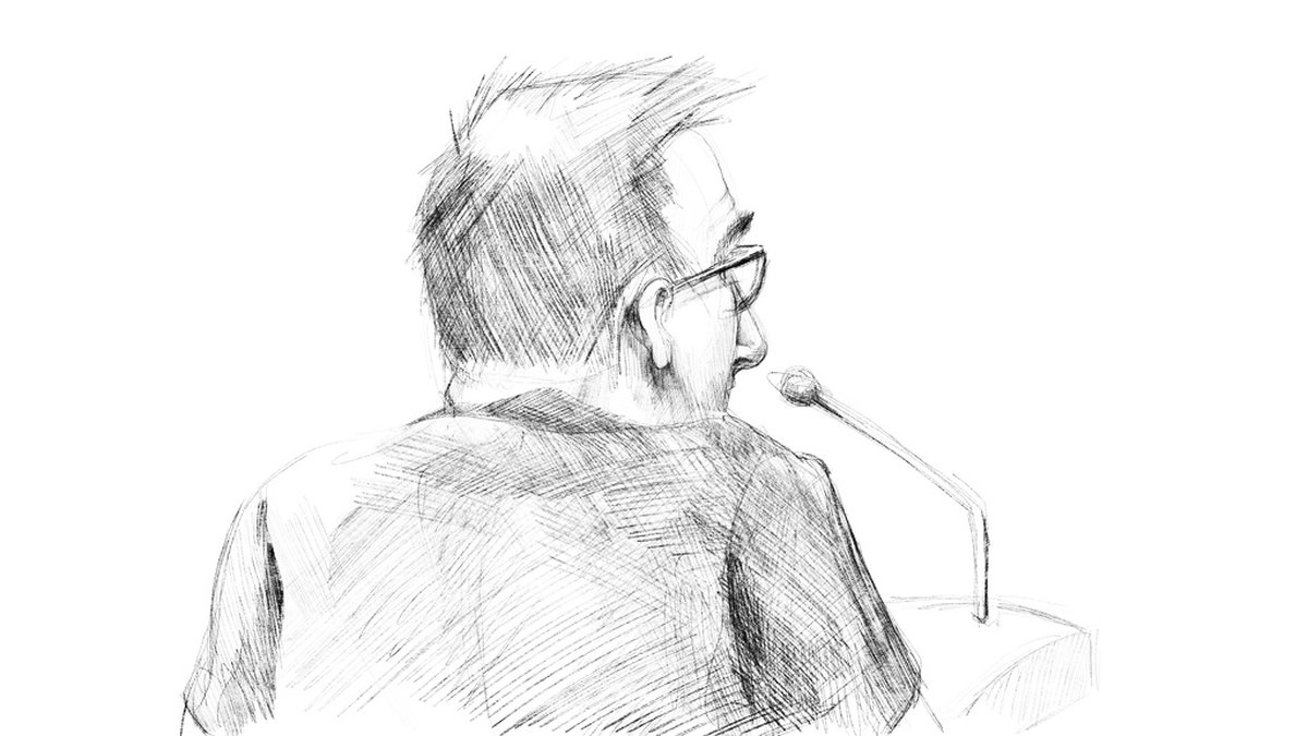 Teckning av den livstidsdömde Peter Madsen under rättegången 2018. Arkivbild.