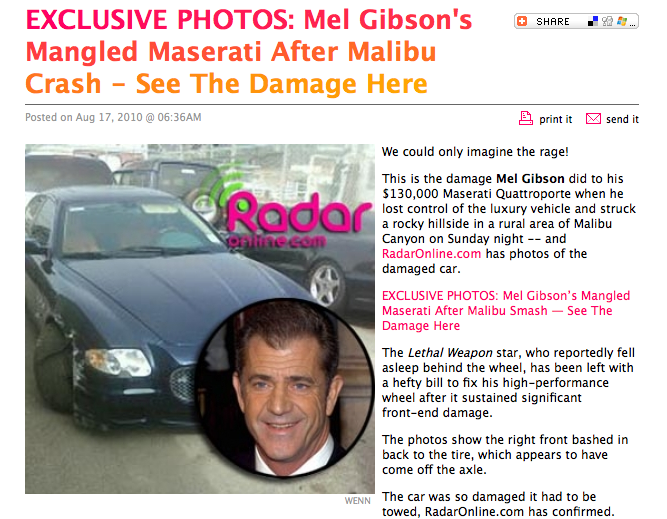 Här är Mel Gibsons kvaddade Maserati efter att stjärnan kraschat vid en vägkant.