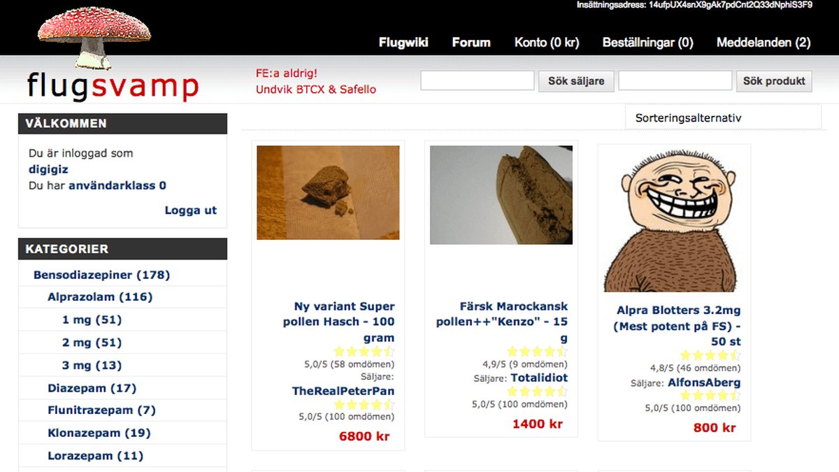 Flugsvamp är Sveriges största sajt för drogförsäljning på darknet. Där finns omkring 500 drogannonser utlagda, enligt sajtens administratörer.