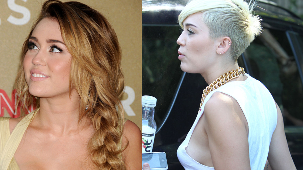 Till vänster: Miley i den där Cavalliklänningen som startade ryktet. Till höger: Ute på stan – behålös tidigare i år. 