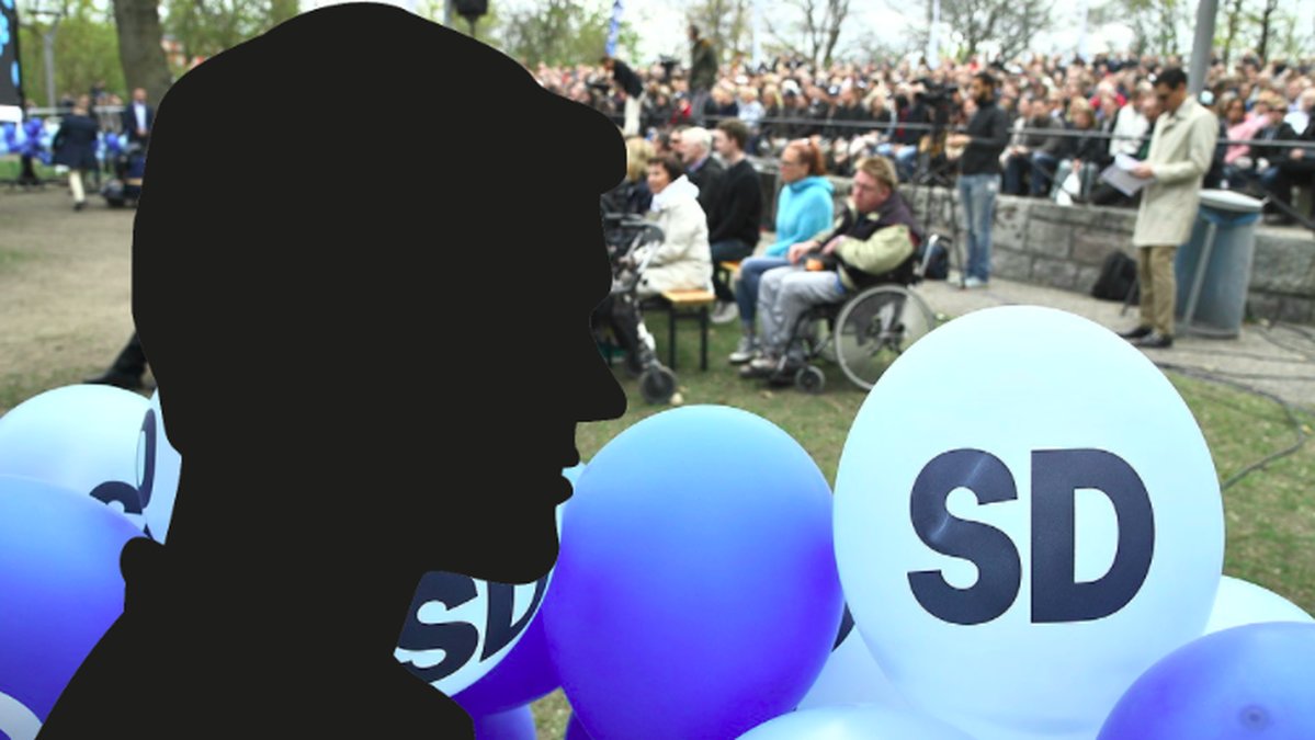 Anonym siluett över bild på ballonger med Sverigedemokraternas logga på