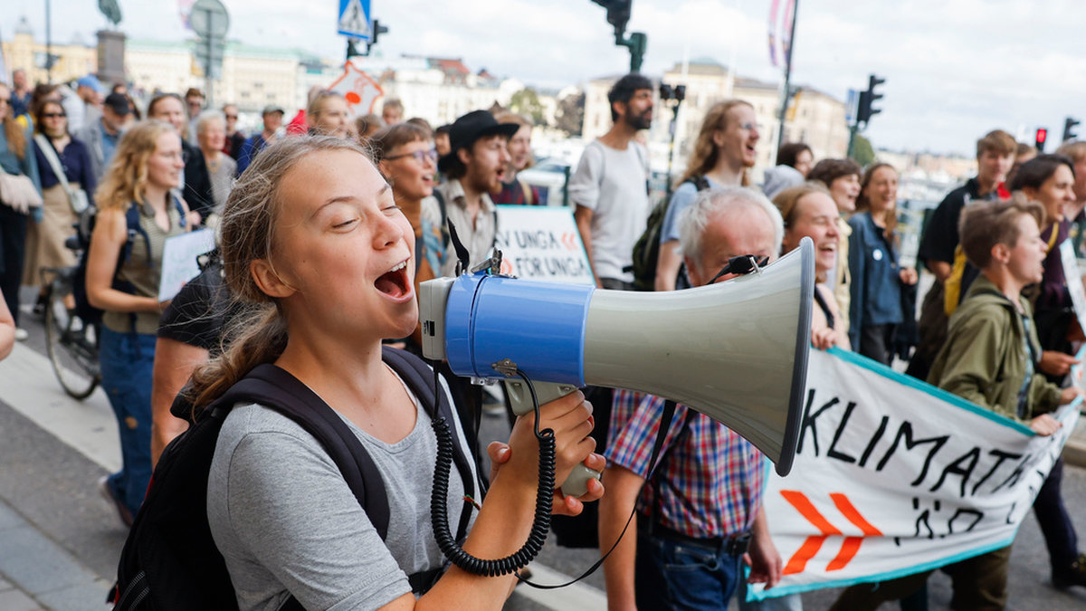 Greta Thunberg i samband med klimatdemonstrationen i Stockholm.