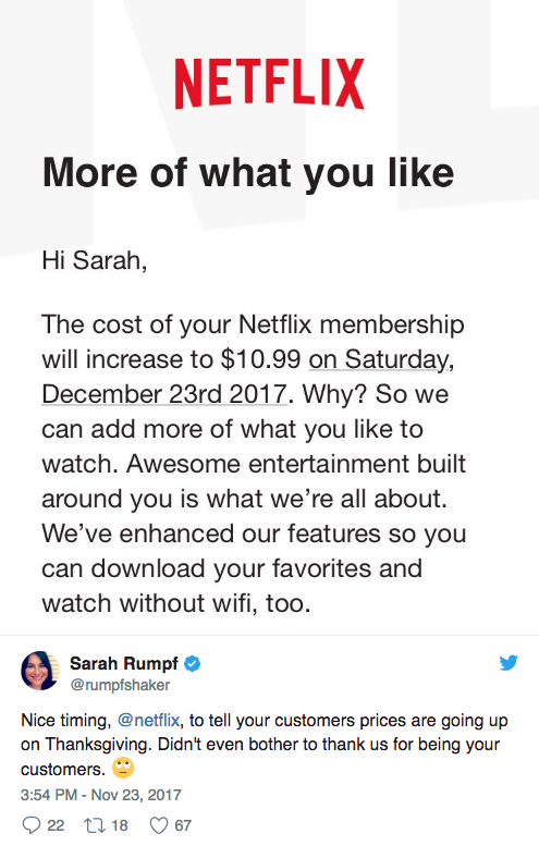 Arg kund Netflix höjer sina priser mitt i julhelgen. Arg kund Netflix höjer sina priser mitt i julhelgen.