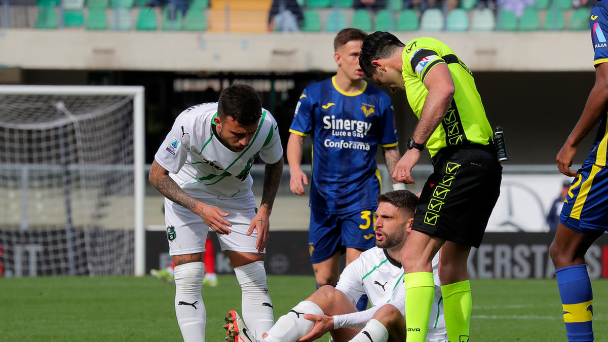 Domenico Berardi skadade sig under en match mellan Sassuolo och Verona i Serie A. Arkivbild.