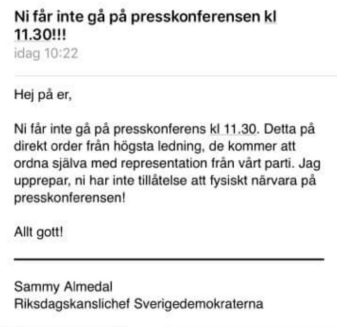 Internt mejl från SVerigedemokraterna Internt mejl från SVerigedemokraterna