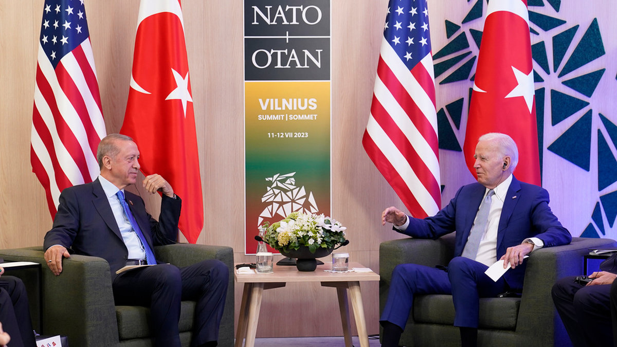 Turkiets president Recep Tayyip Erdogan (till vänster) och USA:s president Joe Biden i ett bilateralt möte den 11 juli i fjol under Natos toppmöte i Litauen. Arkivbild.