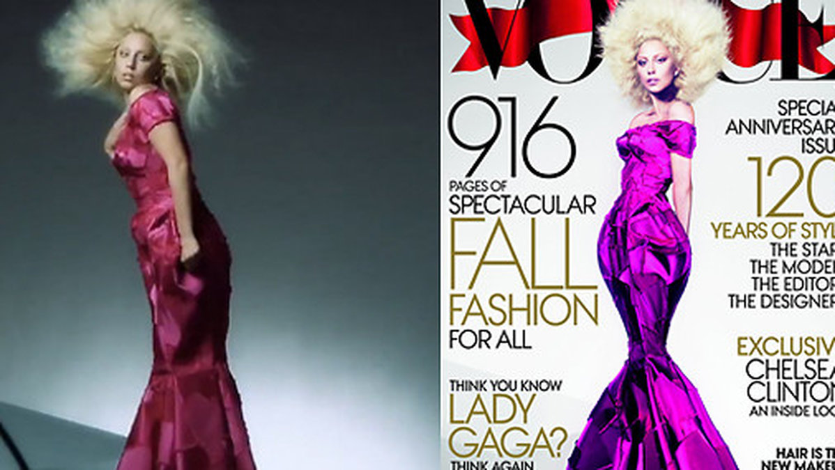 Tidningen Vogue trollade bort flera kilon på Lady Gaga och gav henne ett nytt ansikte. Till vänster: en oretuscherad Gaga. Till höger: Det färdiga omslaget. 
