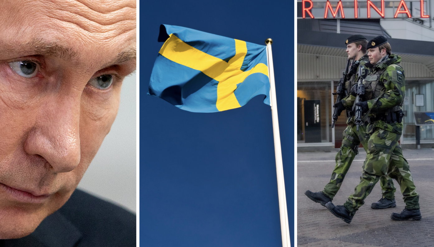 Vladimir Putin, svenska flaggan och militär på Gotland.