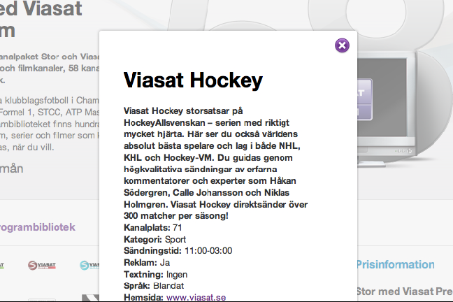 Beskrivningen av Viasat Hockey på Telias hemsida lockade bland annat med NHL - till dess att Nyheter24 kontaktade företaget.
