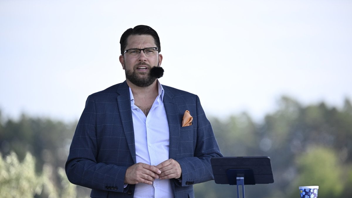 Sverigedemokraternas partiledare Jimmie Åkesson håller sommartal i Sölvesborg.