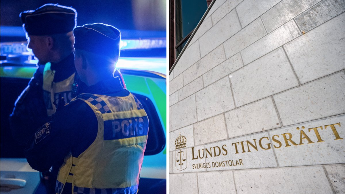 Genrebilder på polismän och Lunds tingsrätt.
