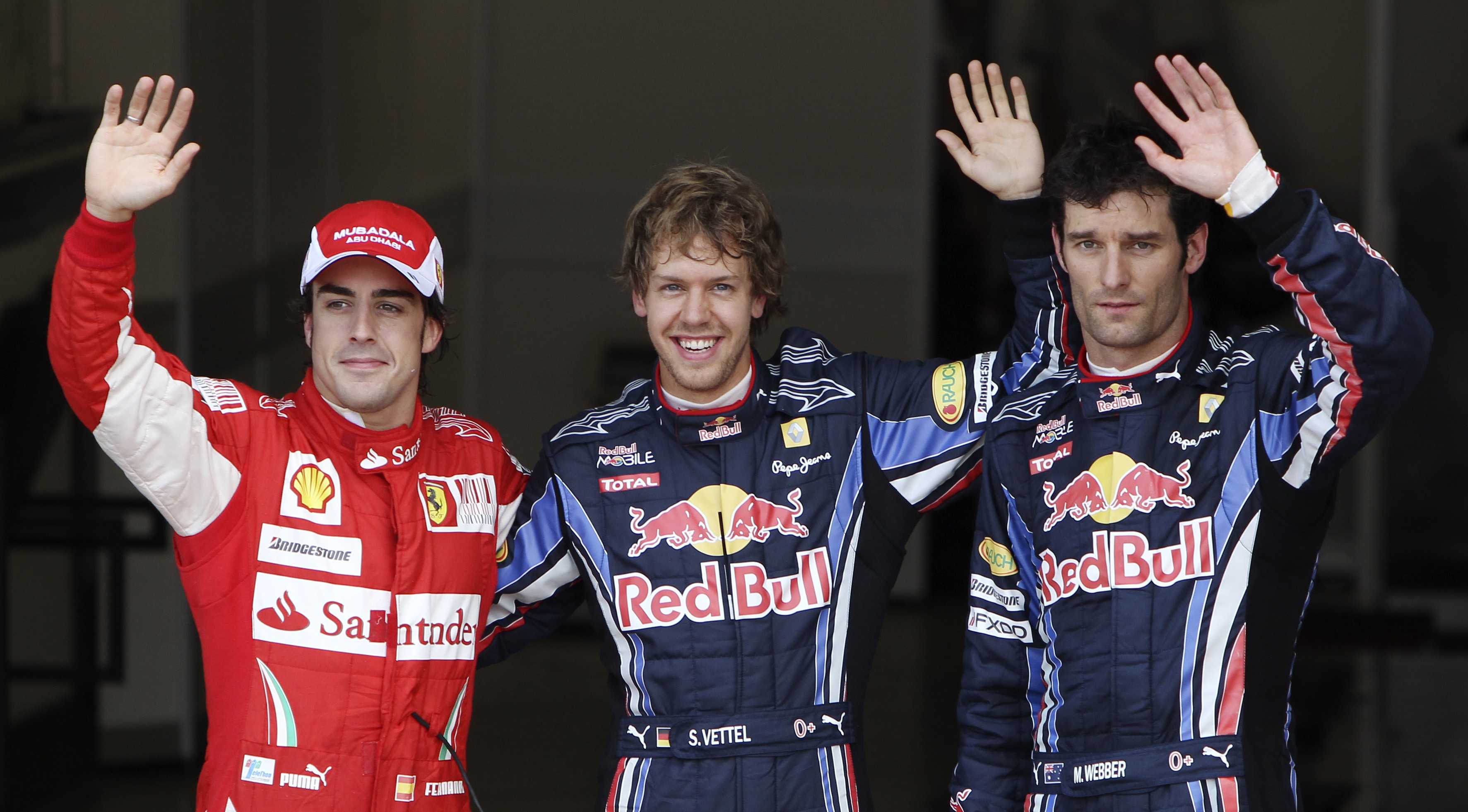 Trion som placerade sig längst fram. Alonso (t.v), Vettel (i mitten), Webber (.h)