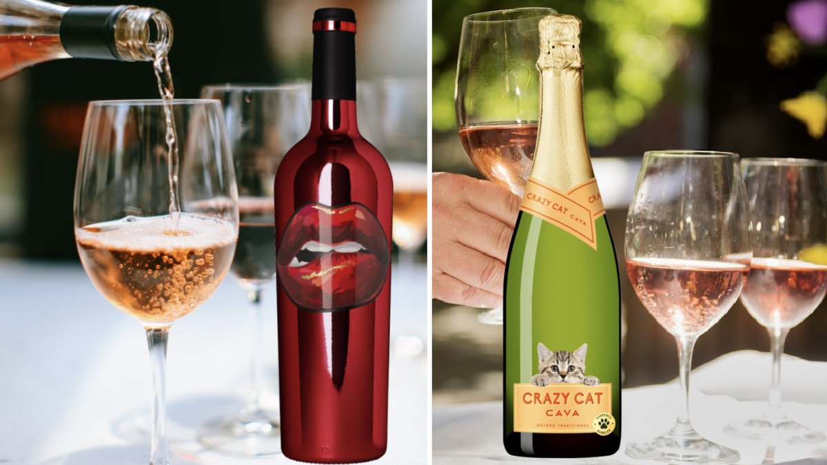 Sex vackra vinflaskor med unika etiketter.