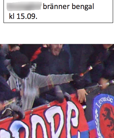 Som polisen skrivit i sin förundersökning är detta en bevisbild som pekar på att en av de åtalade står sig skyldig för att bränt av en bengal under pågående match. Som polisen skrivit i sin förundersökning är detta en bevisbild som pekar på att en av de åtalade står sig skyldig för att bränt av en bengal under pågående match.