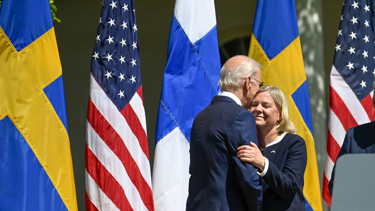 USA:s president Joe Biden och statsminister Magdalena Andersson vid presskonferensen efter mötet i Vita huset.