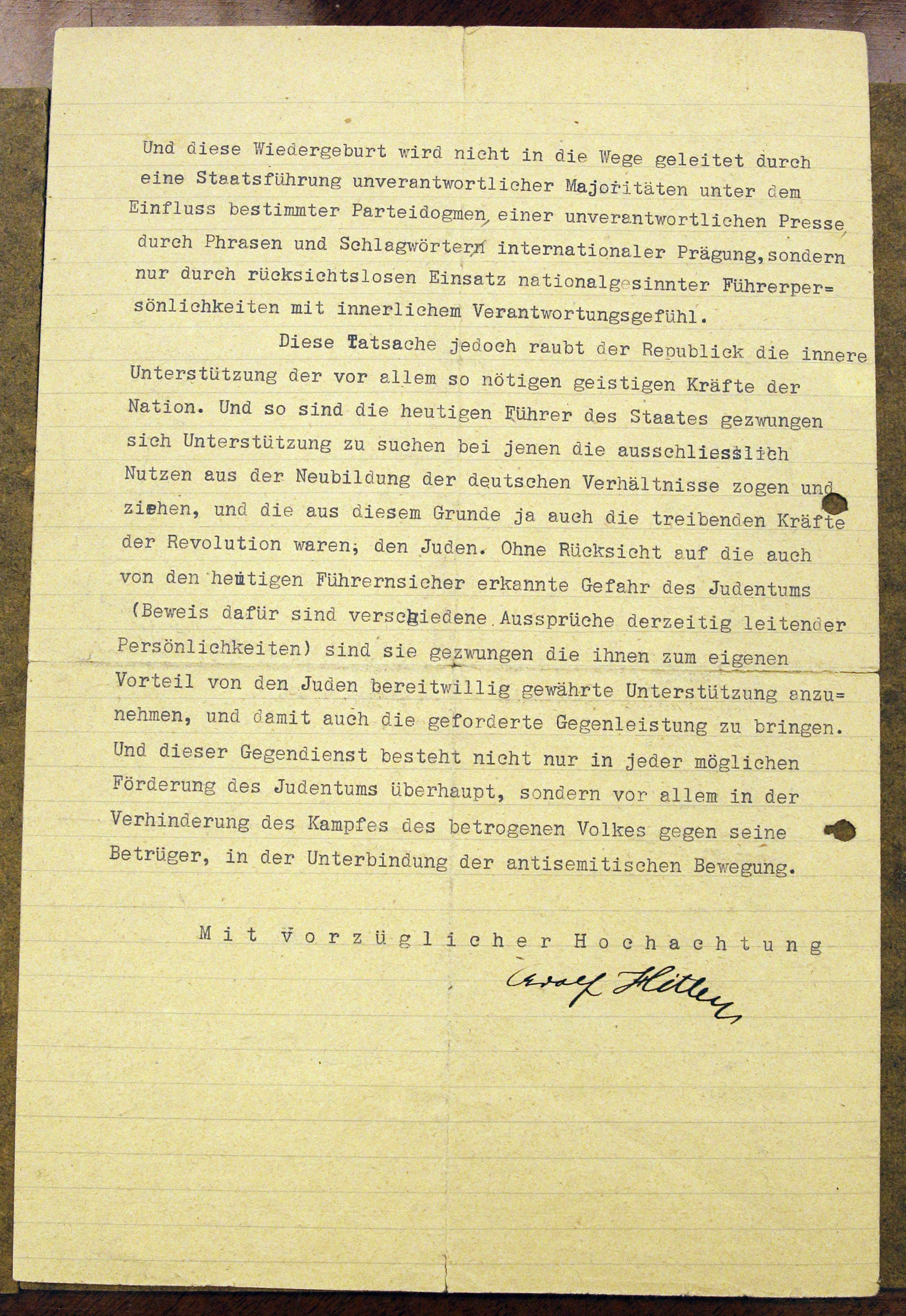 Här är ett av Hitlers första brev där han uttrycker sin hat mot judar.