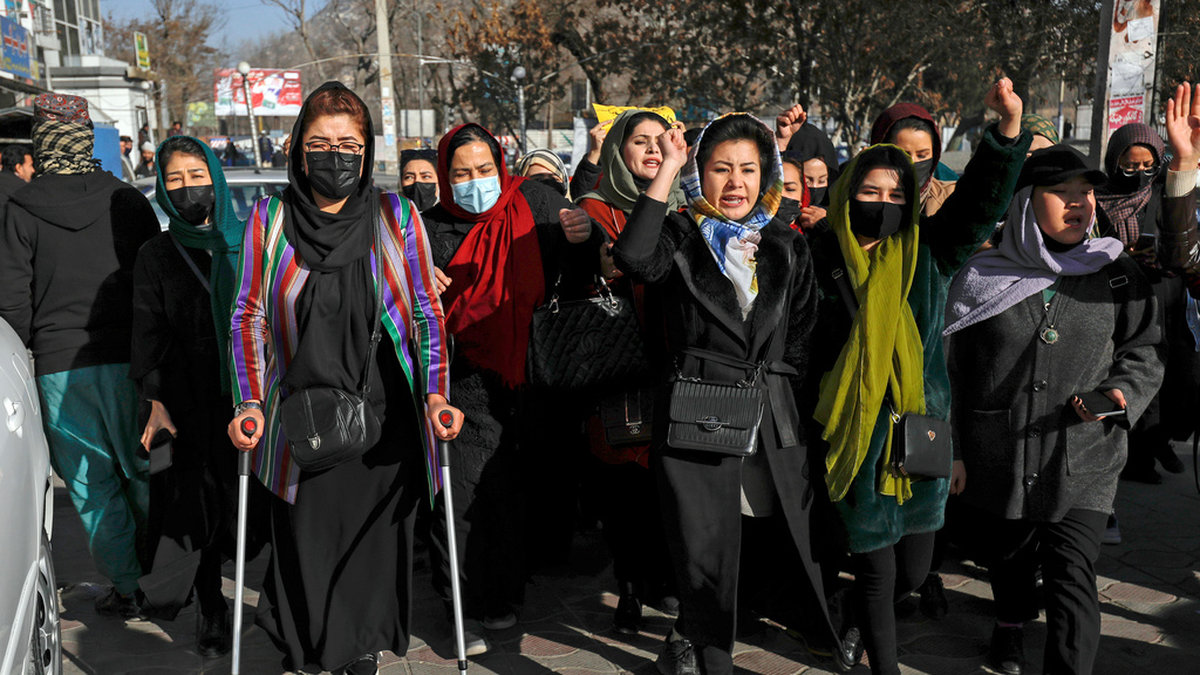 Afghanskor under en protest i december mot att talibanregimen stoppat kvinnor från landets universitet. Arkivbild.
