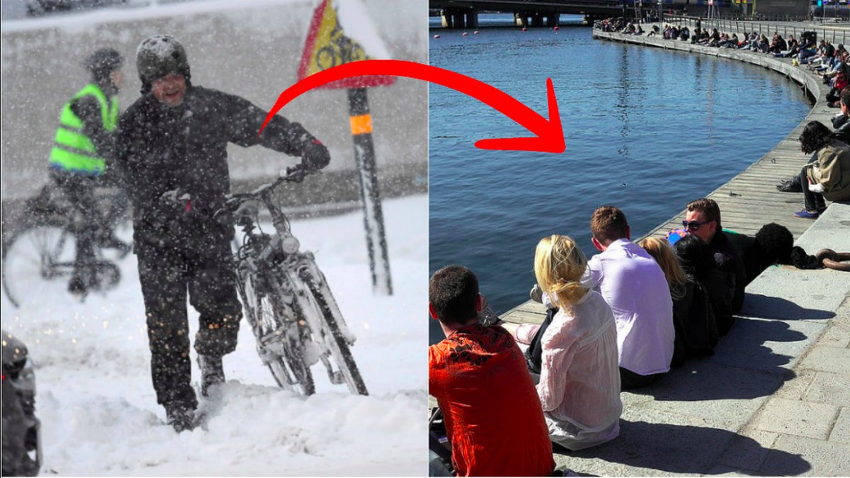 Till höger en man som kämpar med att få fram sin cykel i snöfall i centrala Stockholm, till vänster ser vi ungdomar som göttar sig i solskenet vid kajen nära Gamla Stan. 