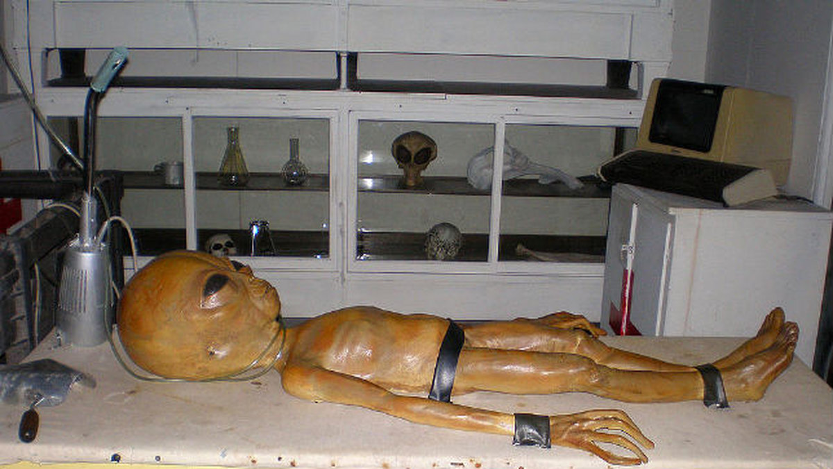 Den här bilden, tagen i december 2006, visar hur en tänkt obduktion av en utomjording skulle kunna se ut. Bilden togs på en Area 51-utställning i Roswell, USA.