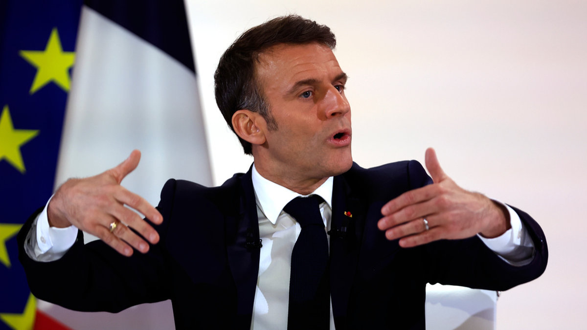 Frankrikes president Emmanuel Macron under tisdagens tal och frågestund i Élyséepalatset.