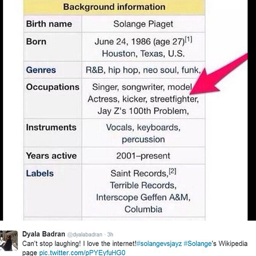 Någon rolig själ uppdaterade Solanges Wikipedia-sida.