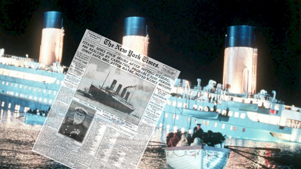 Tidningsutklipp från The New York Times. Bild på Titanic från filmen Titanic.