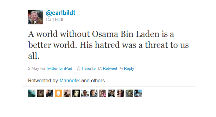 Carll Bildt är glad att slippa bin Ladin.