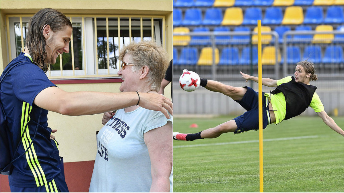 Pawel Cibiki kramar om sin polska mormor under ett öppet träningspass inför match. Det gav honom kraft till att få in en smaskig volley.