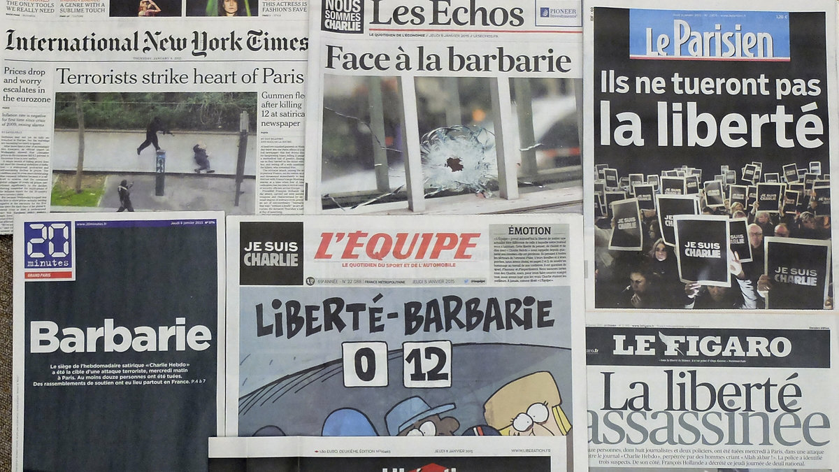 Framsidor på franska tidningar dagen efter terrorattacken.
