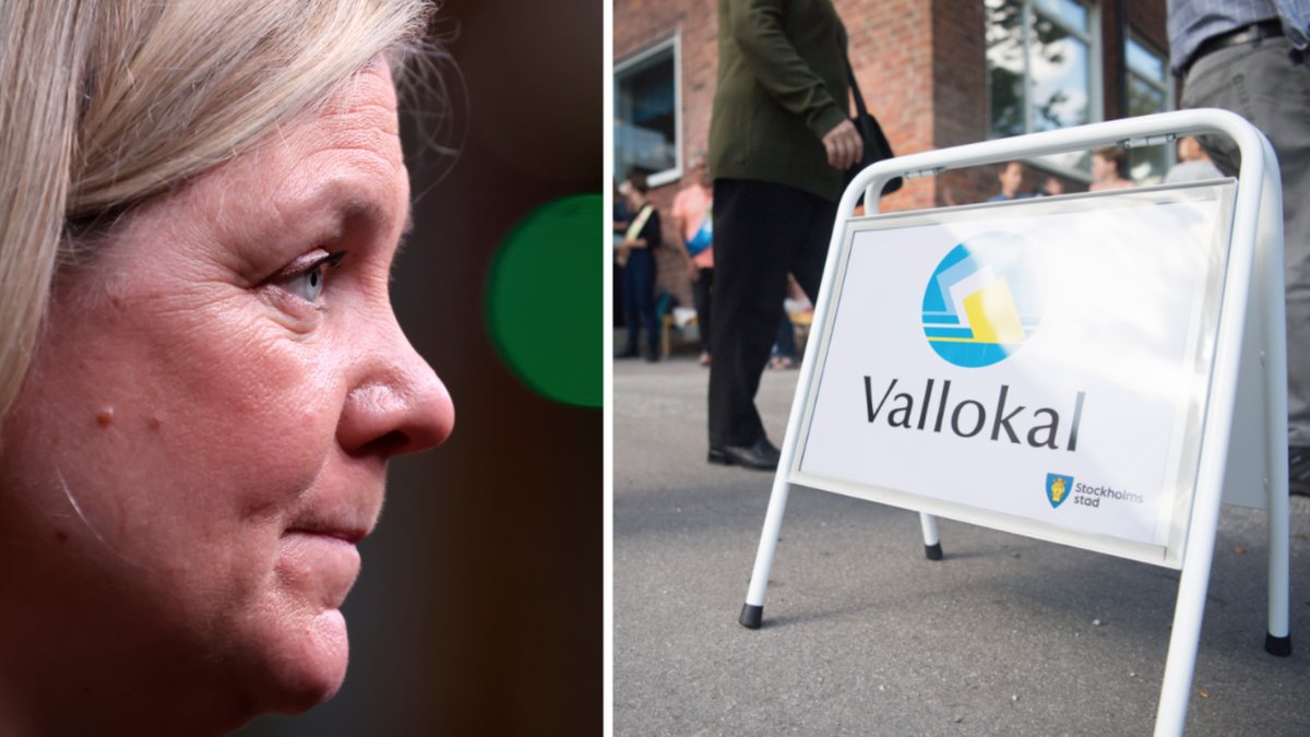 Magdalena Andersson och genrebild på vallokal.