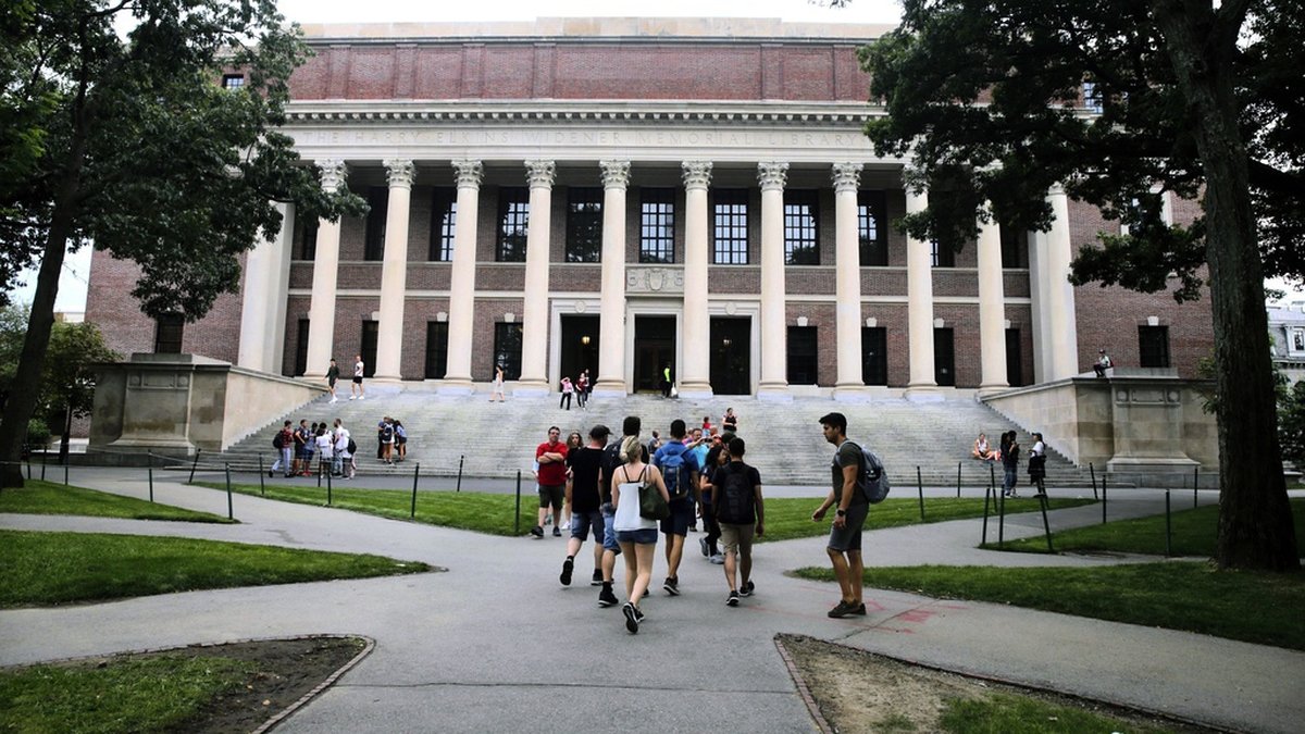 Harvard University i Cambridge – ett av universitetets bibliotek. Arkivbild.