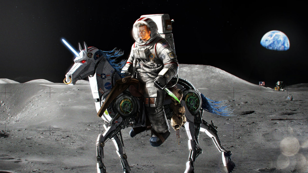 John F Kennedy på robothäst på månen.