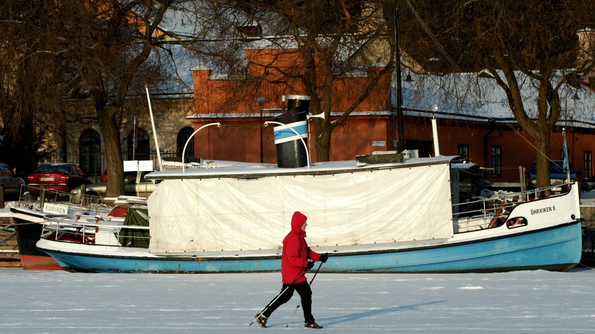 Skidåkare njuter på Riddarfjärden i Stockholm. 