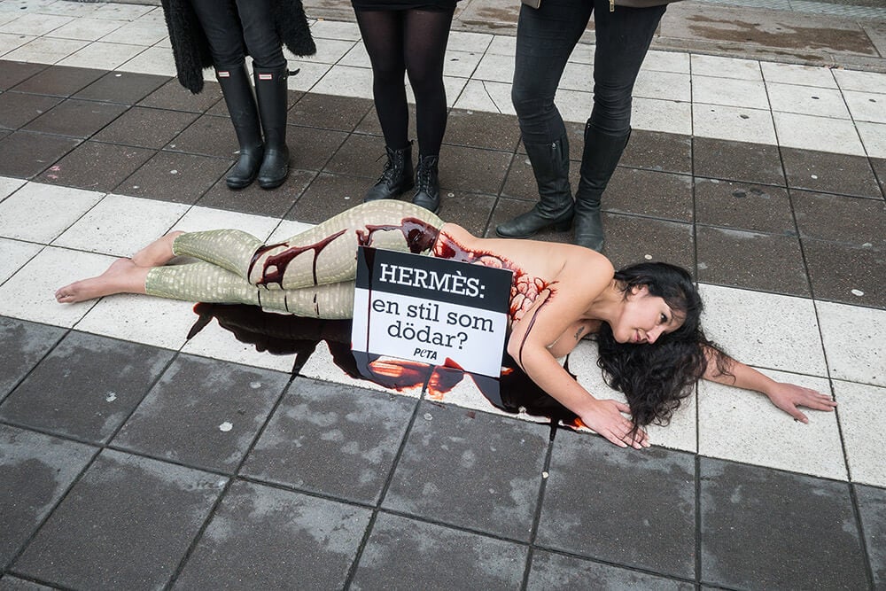 Hermes, Protest, NK, Blod, PETA, naken, Nordiska Kompaniet