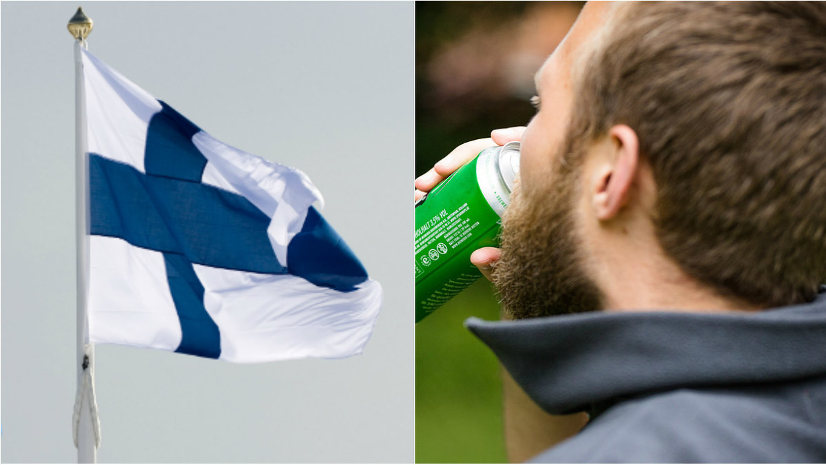 Finlands flagga till vänster, en man som dricker öl till höger