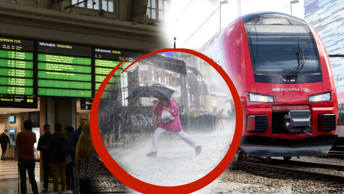MTR Express, Inställt tåg, kvinna springer i spöregn